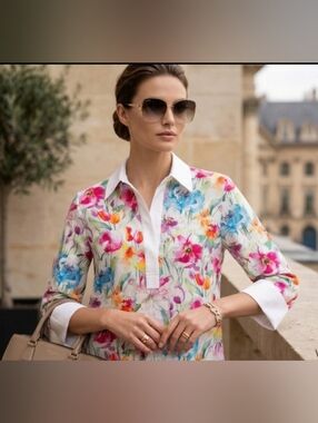 Leggiadro Watercolor Floral Collared 3/4 Sleeve 100% Cotton Blouse PTP 19"